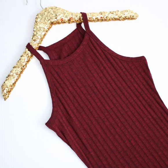 Burgundy Red Ribbed Side Slit Bodycon Midi Dress - Picture 2 of 5